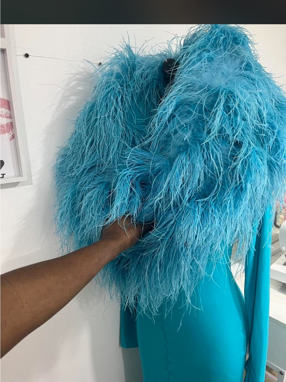 Custom Turquoise Feather-Trim Maxi Dress